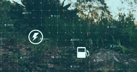 Sustainable energy concept overlaying forest undergrowth with digital grid and icons