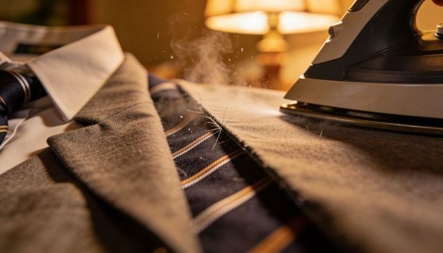 Pressing wool suit lapel with steam iron and navy striped tie on warm amber backdrop