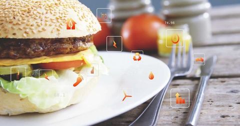 Smart Burger Experience with Floating Digital Icons Near Plate