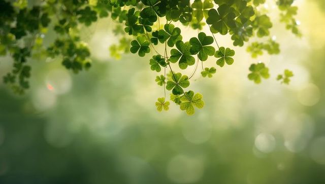 Backlit clover canopy showing translucent veins, hanging clusters and soft green bokeh