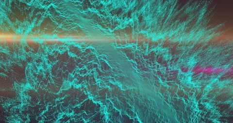 Flowing Teal Particle Mesh Creating Diagonal Neon Channel with Yellow Magenta Flares