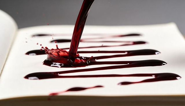 Pouring dark red liquid creating dramatic crown splash on cream paper with glossy drips