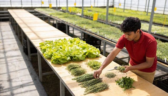Greenhouse grower sorting and arranging fresh herbs and lettuce on wooden workbench