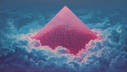 Rising neon pink lattice pyramid glowing above clouds futuristic wireframe surreal monolith