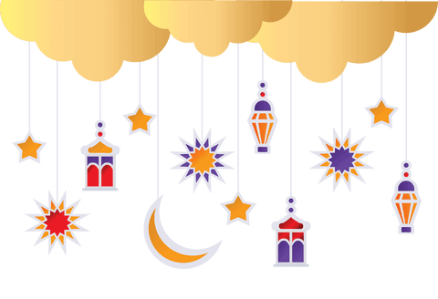 Festive hanging lanterns and stars on transparent background