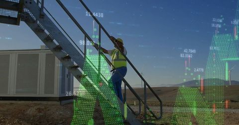 Technician Climbing at Sustainable Energy Site with Digital Overlay