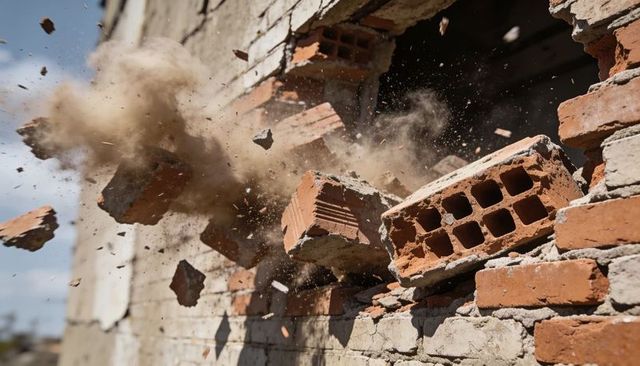 Demolition impact: bricks and mortar exploding outward, dust cloud and rubble motion