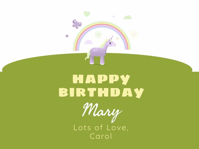 This charming birthday greeting illustration features a whimsical unicorn and a rainbow, creating a magical atmosphere. Perfect for sending warm wishes and adding a touch of enchantment, especially for a child’s birthday. Ideal for birthday cards, party invitations, and personalized messages.