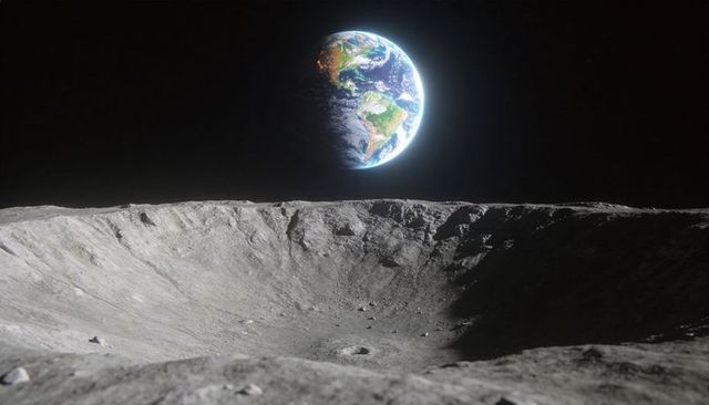 Earth rising over lunar crater rim with rocky regolith and deep shadow