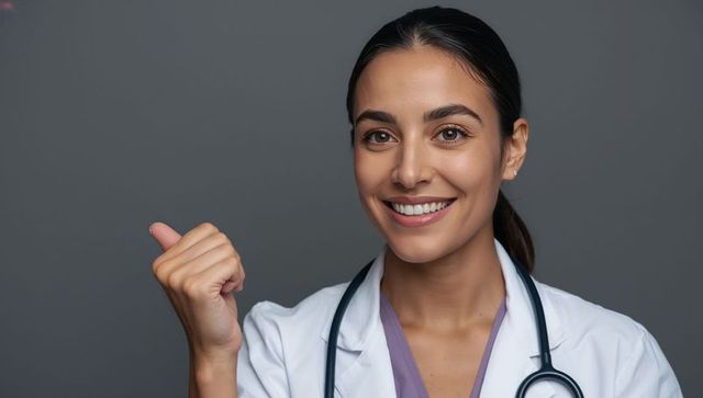 Smiling female doctor giving thumbs-up in lab coat with stethoscope on gray background