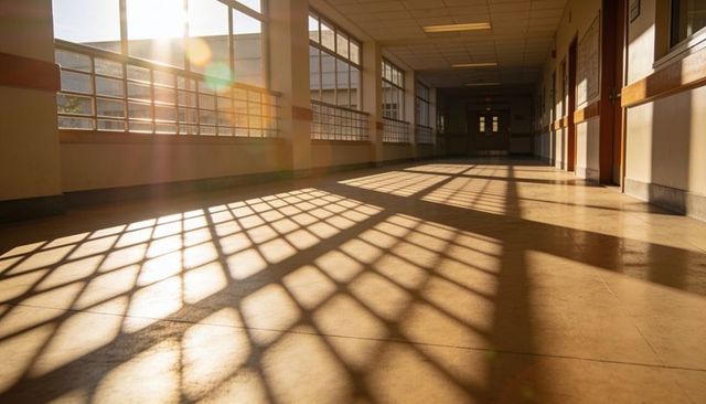 Sunlit corridor with geometric window-grid shadows on linoleum floor, morning light