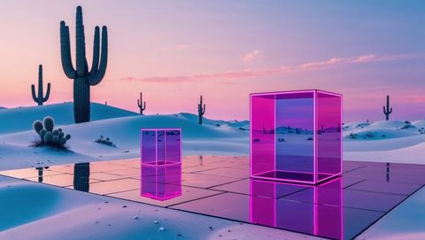 Glowing Neon Pink Cubes in Desert Setting at Dusk