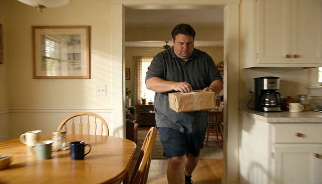 Man carrying brown paper parcel into cozy kitchen with wooden dining table and coffee mugs