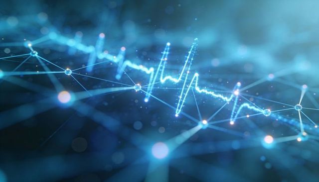 Pulsing neon ecg waveform threading through digital network mesh, heartbeat data concept