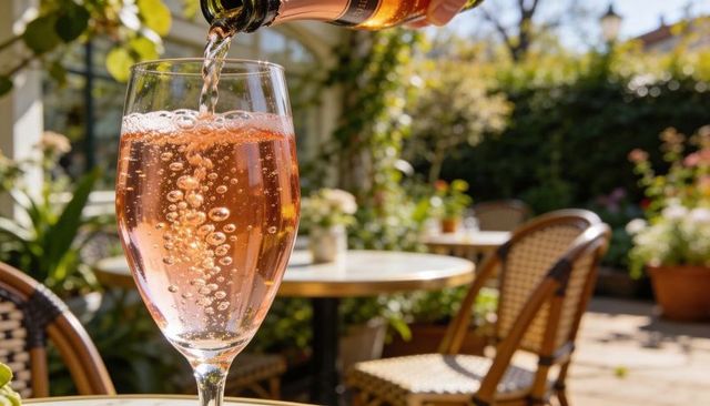 Pouring rosé sparkling wine into flute on sunny bistro patio with rattan chairs