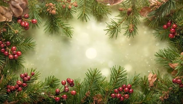 Framing Pine Garland with Glossy Red Berries and Pine Cones on Soft Green Bokeh Backdrop