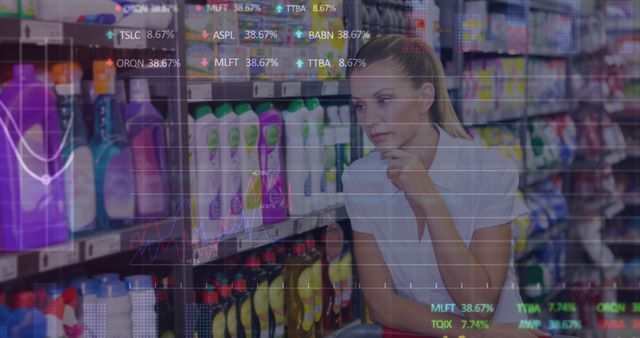 Woman Shopping for Household Products with Financial Data Overlay - Download Free Stock Images Pikwizard.com