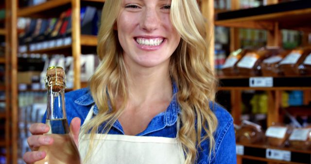 Smiling woman holding bottled beverage in liquor store - Download Free Stock Images Pikwizard.com