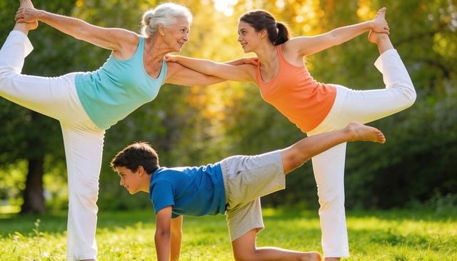 Three-generation family practicing balance yoga in sunlit park