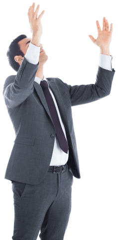 Focused Hispanic Businessman with Raised Hands Transparent Background