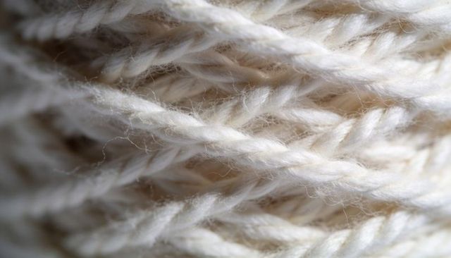 Off-white plied yarn macro texture showing soft fiber fuzz and twisted strands