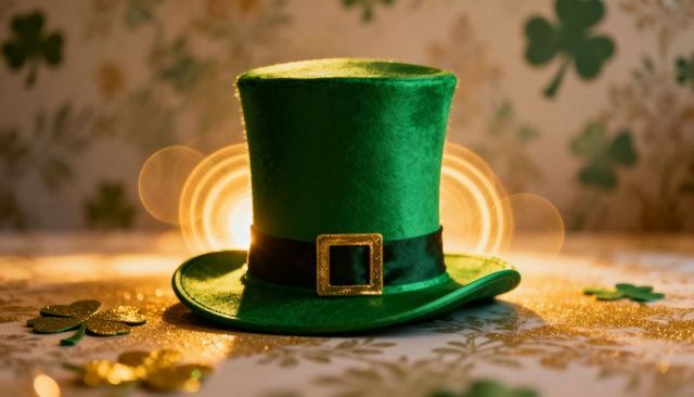 Green St. Patrick's Top Hat with Gold Buckle on Sparkling Shamrock Table Decor