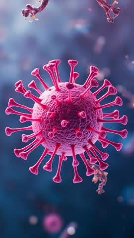 Vertical microscope animation zooming into coronavirus virion showing spike protein detail