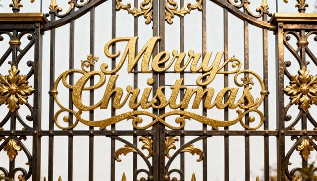 Golden merry christmas sign decorating ornate wrought-iron gate with floral scrollwork