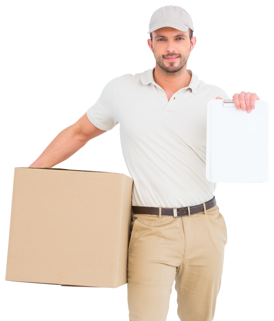 Transparent Background Delivery Man Holding Box and Clipboard - Download Free Stock Videos Pikwizard.com