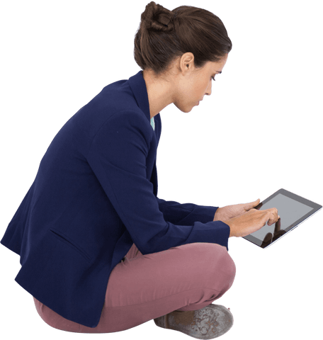 Transparent Businesswoman Using Tablet in Crouched Position