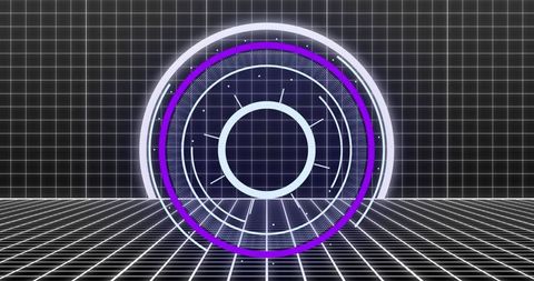 Digital interface with circular scanning overlay on grid background