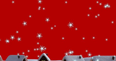 Snowfall Over Cozy Winter Homes With Red Background