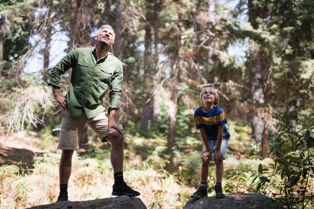 Full length of curious father and son looking up while standing on rocks in forest