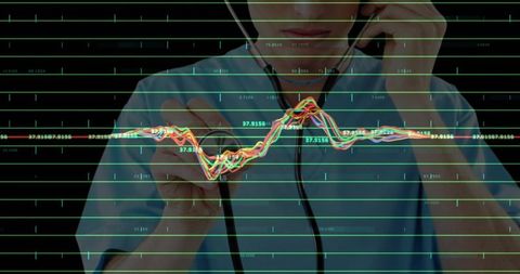 Doctor in Scrubs Analyzing Digital Heartbeat Graph