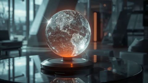 Futuristic Holographic Globe Floats in High-Tech Lounge