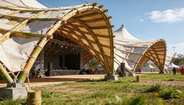 Bamboo arched canopy spanning festival field with canvas tents, stage and sound system