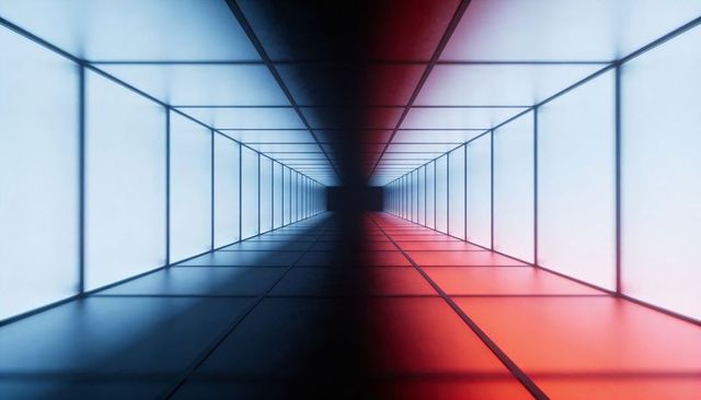 Futuristic Neon Corridor Converging to Dark Vanishing Point with Blue-Red Duotone Depth