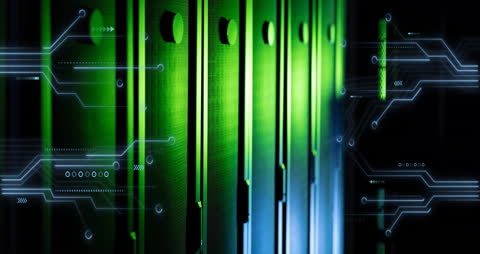 Futuristic Circuit Board Overlay on Data Servers