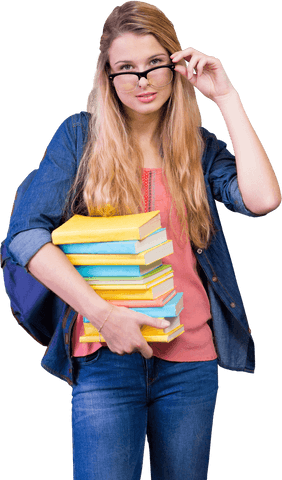 Transparent Background of Young Woman Holding Books Adjusting Glasses - Download Free Stock Videos Pikwizard.com