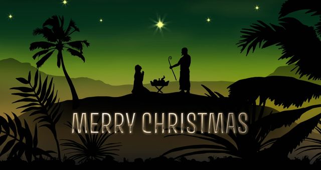 Silhouette Nativity Scene with Merry Christmas Text on Green Background - Download Free Stock Images Pikwizard.com