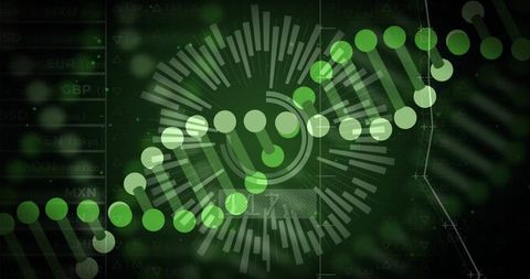 Animating dna helix with radial hud and neon green data visualization for tech interfaces