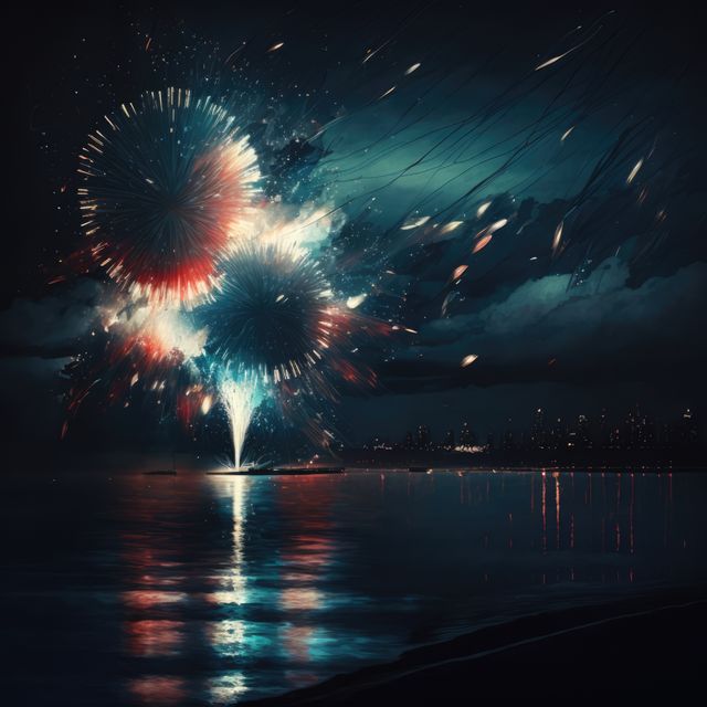 Multi coloured fireworks exploding over water, created using generative ai technology. New year's eve and celebration concept digitally generated image.