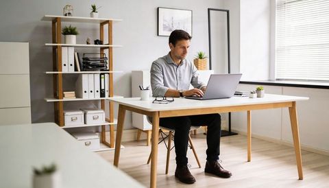 Man working on laptop at modern minimalist home office desk with plants and shelves