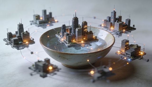 Floating microcity in glazed ceramic bowl with illuminated interconnected miniature skyline