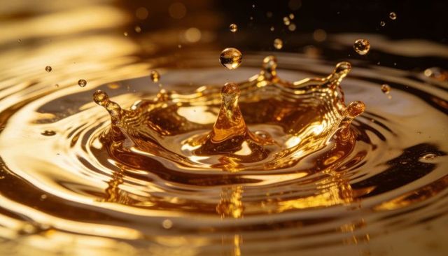 Golden liquid crown splash macro capturing shimmering droplets and concentric ripples