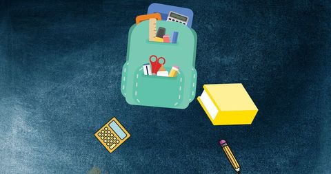 School Supplies and Backpack with Dark Texture Background
