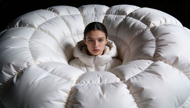 Model nestled in oversized white quilted puffer ring high-fashion minimalist portrait