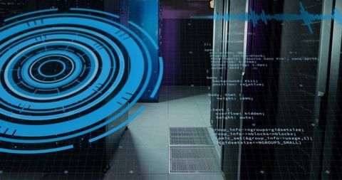 Futuristic HUD Rings Projecting Over Data Center Aisle with Code Overlay and Vent Detail