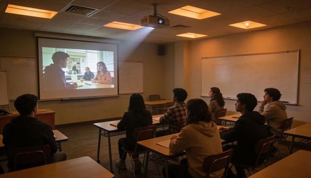 Teen Students Watching Projected Lesson in Dim Classroom with Ceiling-Mounted Projector
