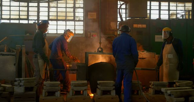 Factory workers are seen operating heavy machinery in an industrial foundry environment. Workers are wearing safety gear, including protective masks, gloves, and aprons, while handling equipment and molten metal. The scene captures teamwork and the demanding nature of industrial manufacturing processes. This image is useful for illustrating industrial work, manual labor, and manufacturing industries in educational articles, industry blogs, training materials, and safety guidelines.